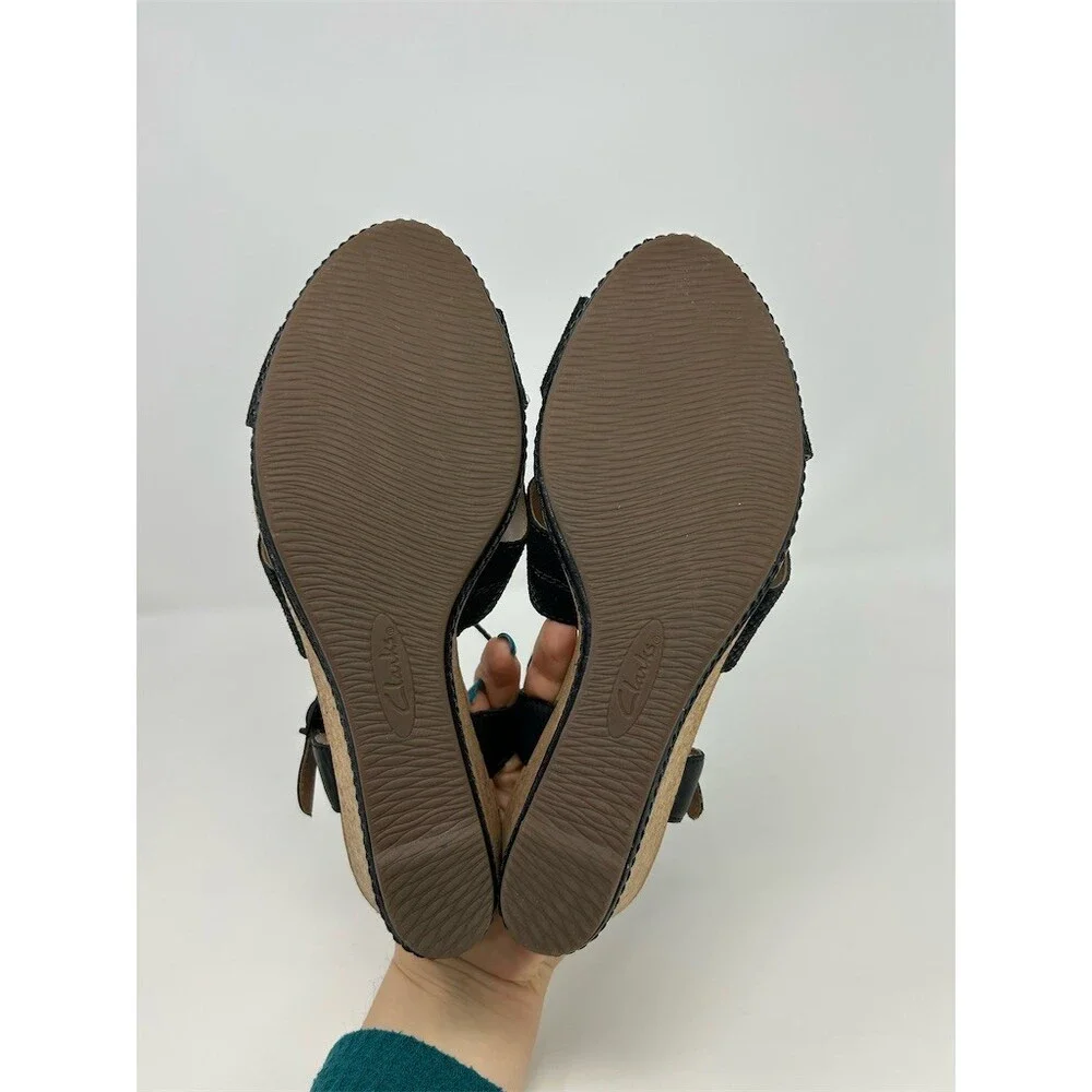 Clarks Womens Cork Wedge Sandals Black Crisscross Strappy Ankle Buckle Size 11